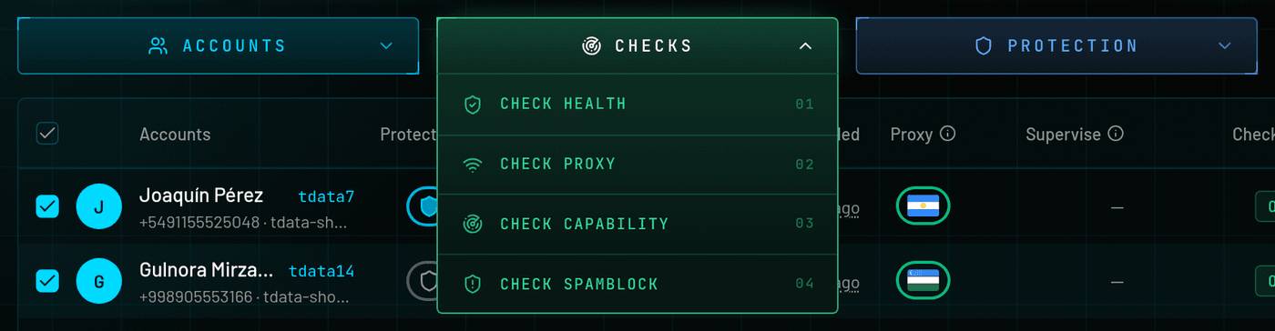 Checks folder open in the bulk actions bar: Check health, Check proxy, Check capability, Check spamblock