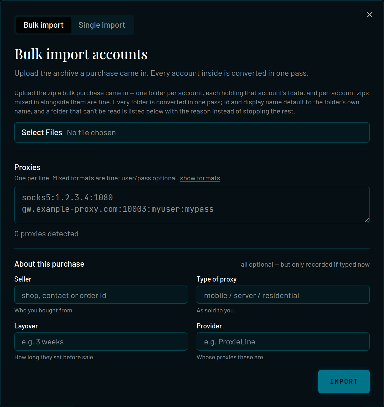 Bulk import accounts dialog with Bulk import and Single import tabs and a Select Files field for the purchase zip