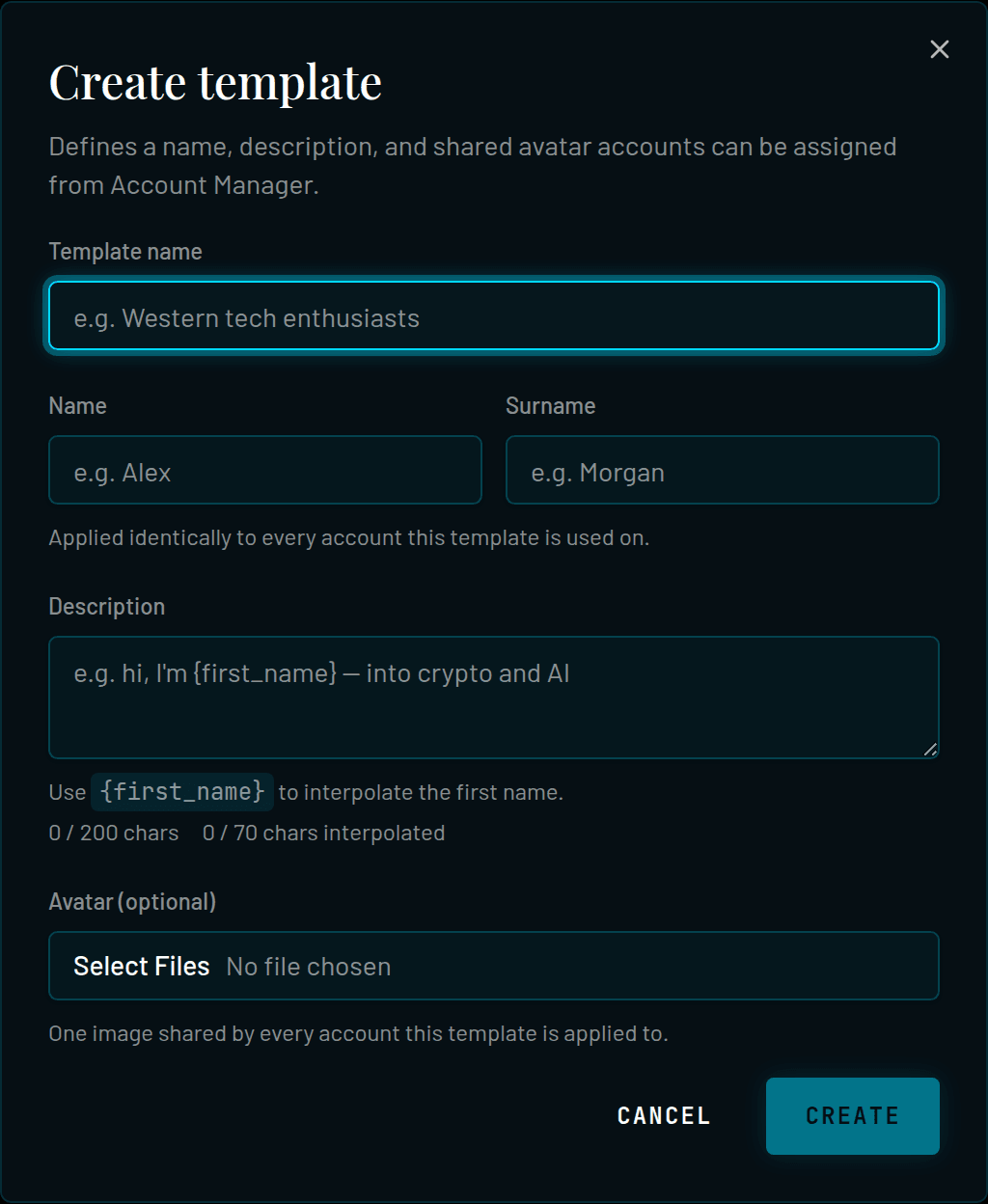 Create template dialog with Template name, Name, Surname, Description with 200 and 70 character counters, and Avatar