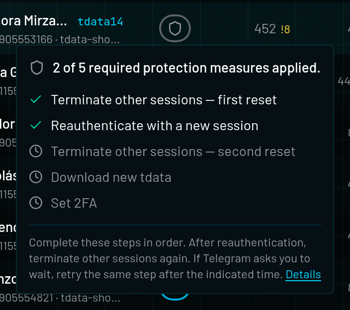 Protection shield popover: 2 of 5 required protection measures applied, with the remaining steps listed