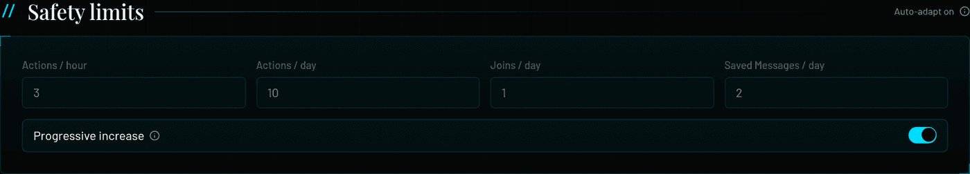 Safety limits: Actions per hour, Actions per day, Joins per day, Saved Messages per day, and the Progressive increase switch