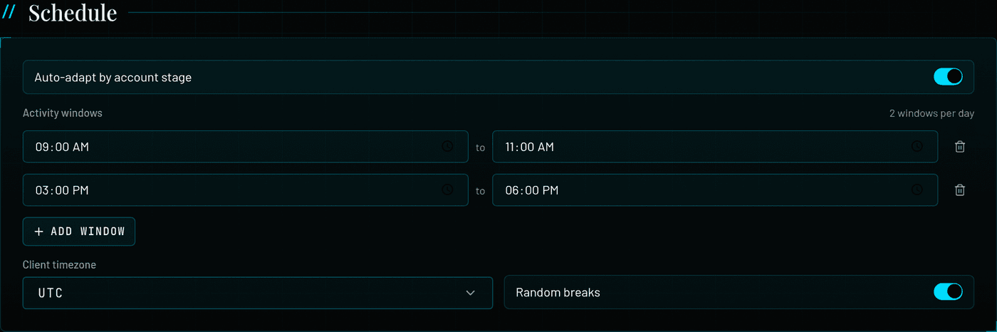 Schedule section: Auto-adapt by account stage, two activity windows 09:00-11:00 and 15:00-18:00, Client timezone, Random breaks