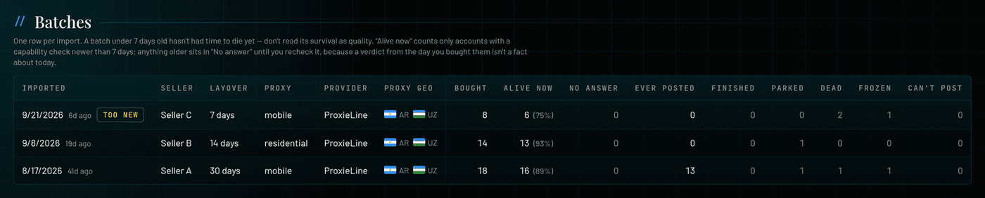 Account Manager History tab: the Batches table with seller, layover, bought, alive, frozen and cannot-post counts per import