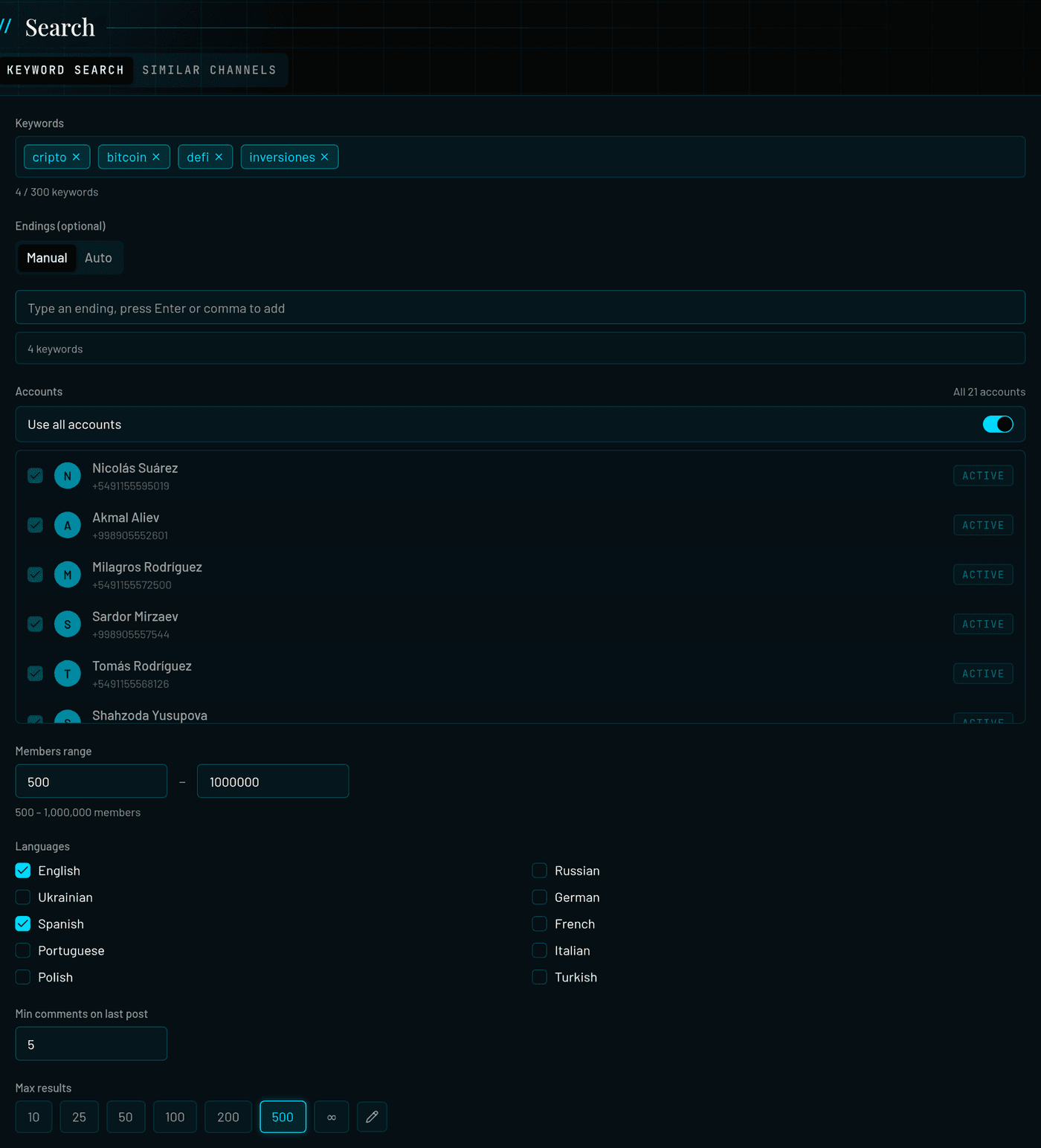 Channel Parser keyword search form with keywords, accounts, members range, languages and max results