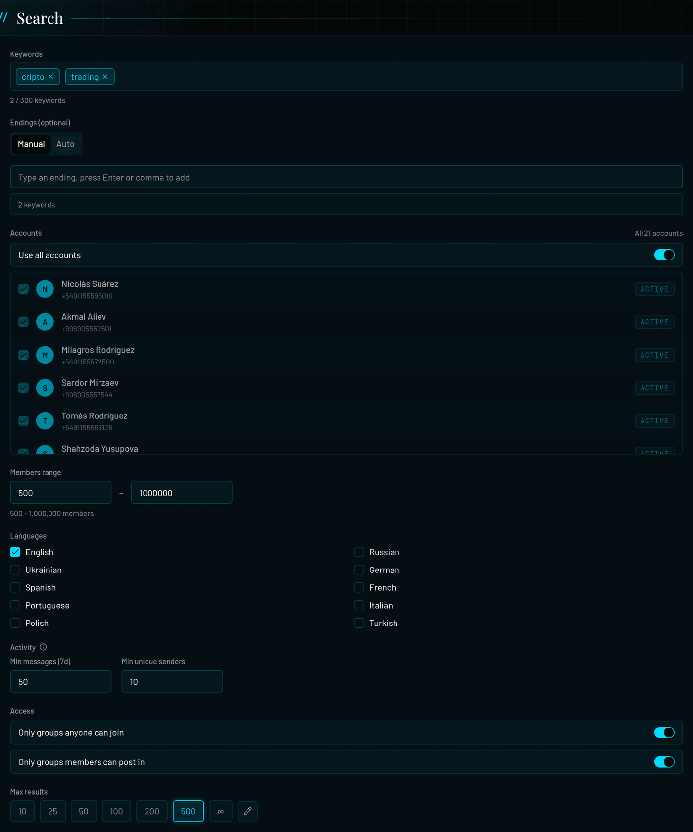 Group Parser search form with keywords, members range, languages, activity and access filters