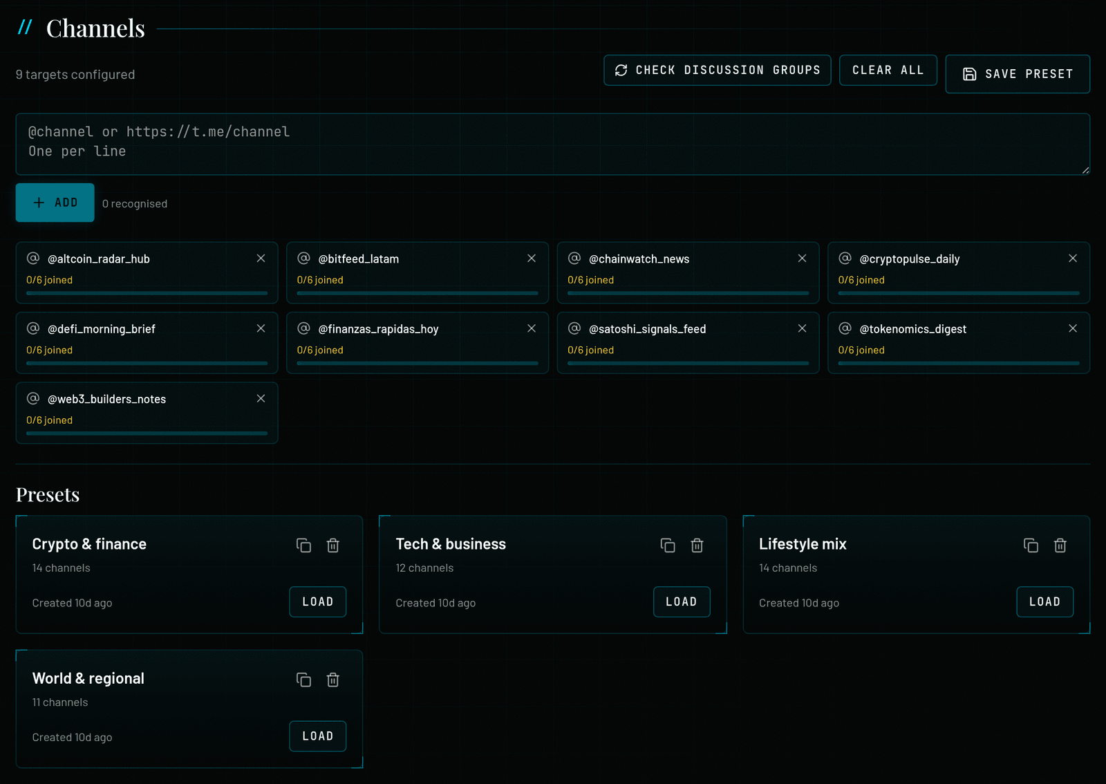 Mass Reactions Channels: 9 targets configured, buttons Check discussion groups, Clear all and Save preset, a paste box with Add, target tiles each showing “0/6 joined”, and saved Presets with Load buttons.