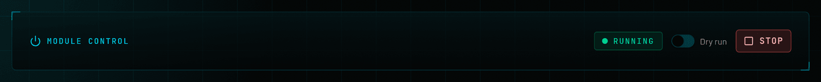 Mass Reactions Module control: Running, the Dry run switch, and Stop.