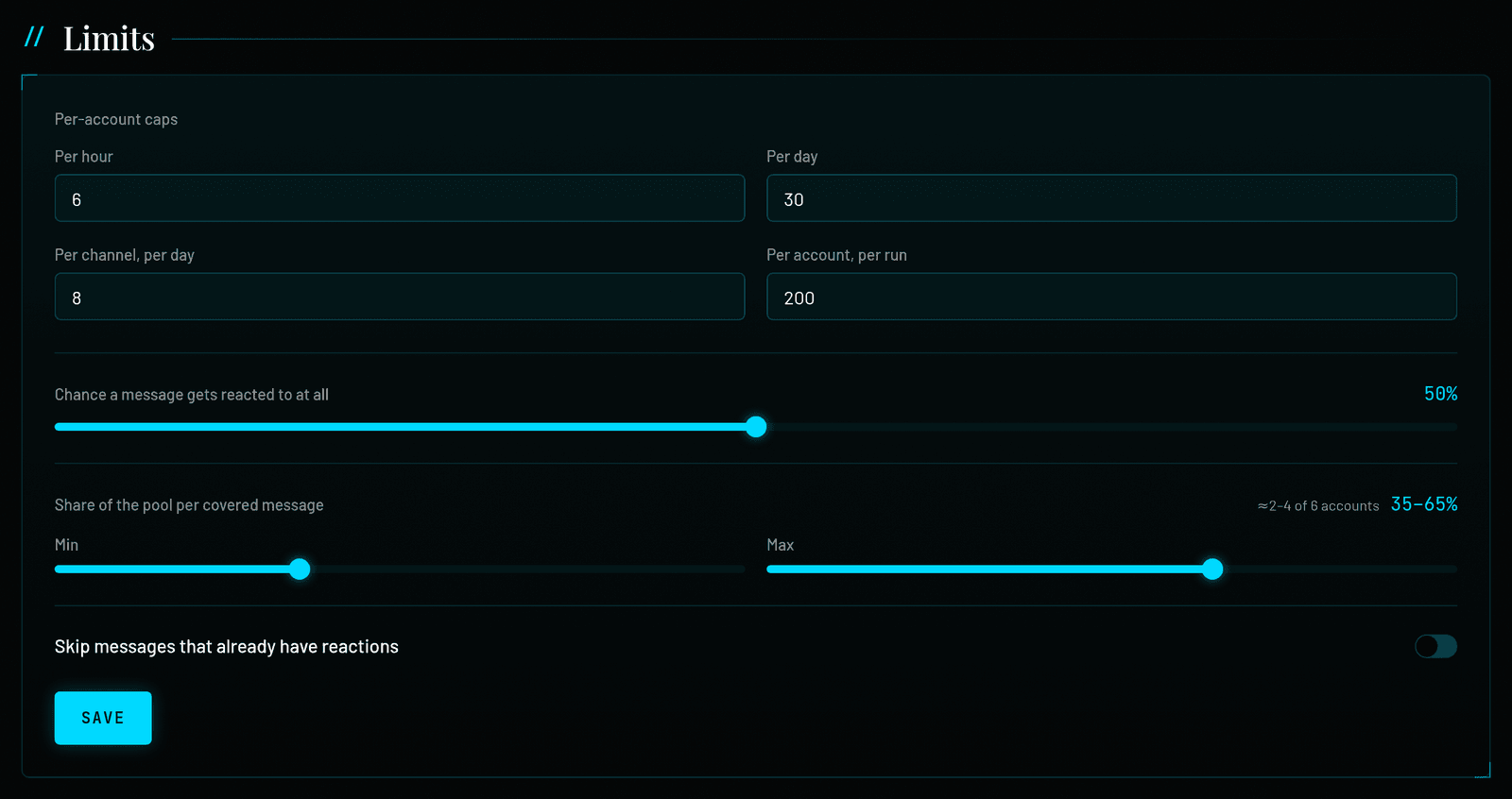 Mass Reactions Limits: Per hour, Per day, Per channel per day, Per account per run fields, the “Chance a message gets reacted to at all” slider at 50%, the “Share of the pool per covered message” sliders at 35–65% with the number of accounts, and the “Skip messages that already have reactions” switch.