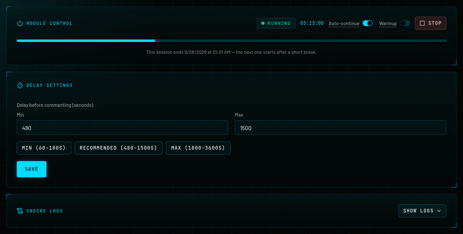 Neurocommenting Module control: Running with uptime, Auto-continue on, Warmup off, Stop button, a progress bar with the line “This session ends … — the next one starts after a short break”, and Delay settings below with Min 480 and Max 1500 seconds.
