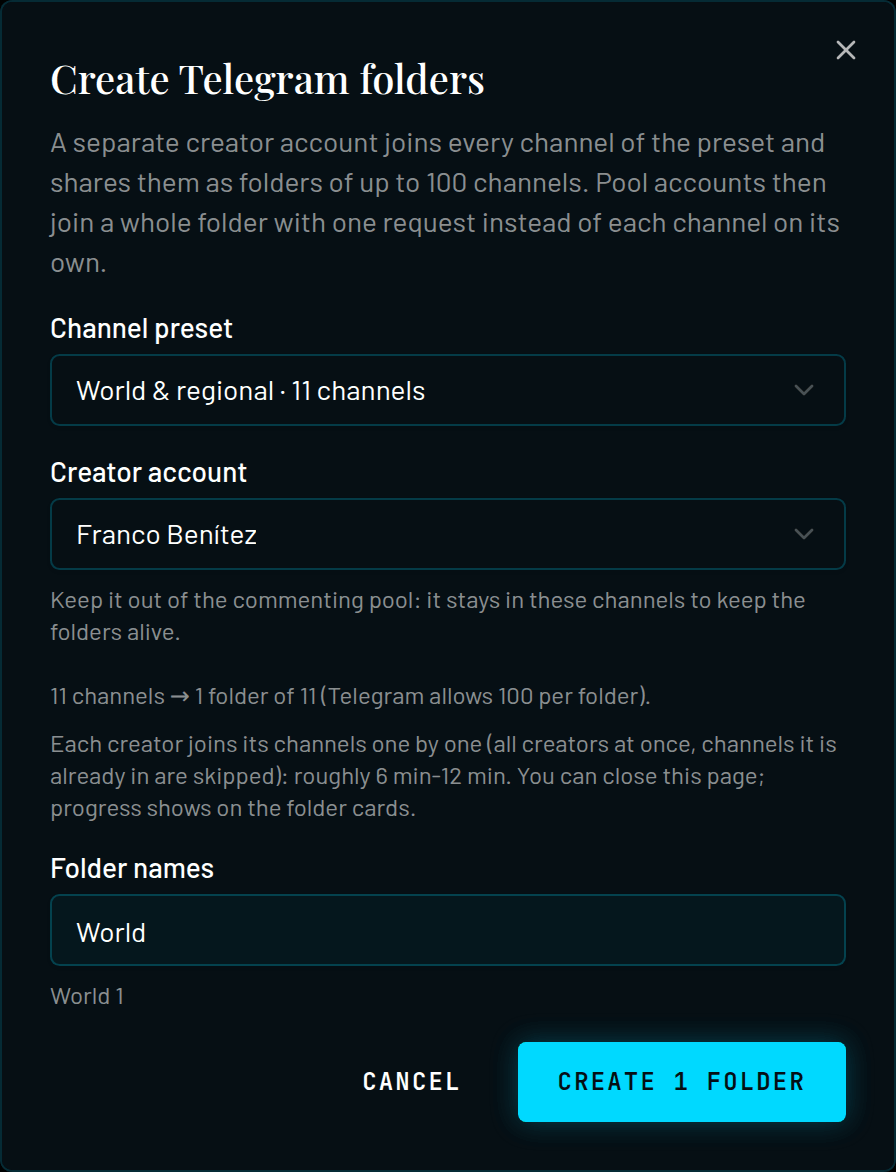 Create Telegram folders dialog: Channel preset “World & regional · 11 channels”, Creator account, a note to keep the creator out of the commenting pool, the plan “11 channels → 1 folder of 11”, a time estimate, Folder names, and the Create 1 folder button.