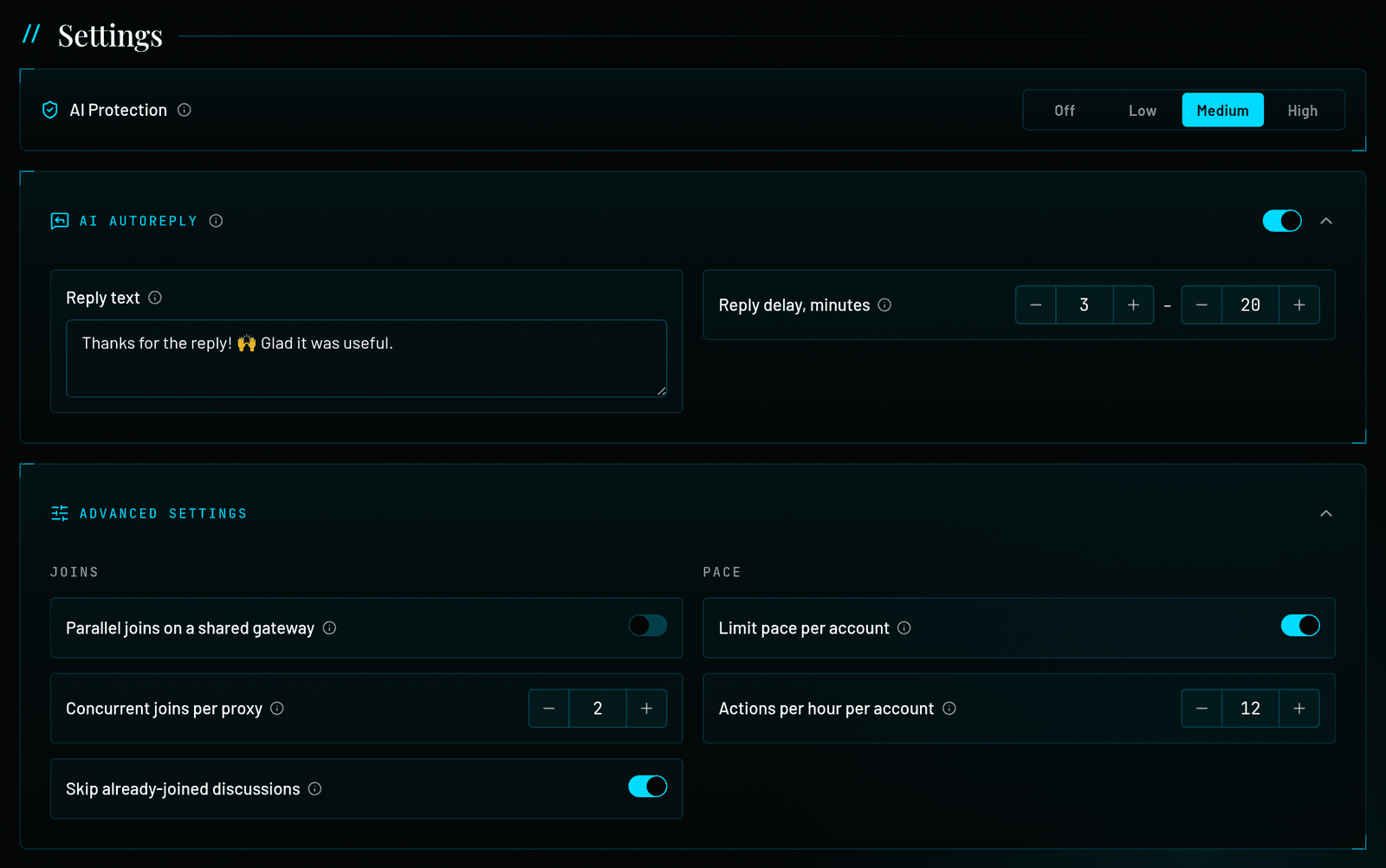 Settings section: AI Protection with Off, Low, Medium (selected) and High; AI Autoreply switched on with Reply text and Reply delay 3 to 20 minutes; Advanced settings with Joins (Parallel joins on a shared gateway, Concurrent joins per proxy 2, Skip already-joined discussions) and Pace (Limit pace per account, Actions per hour per account 12).