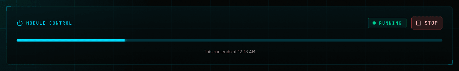 NeuroDialogs Module control: Running, Stop button, and a progress bar with the line “This run ends at 12:13 AM”.