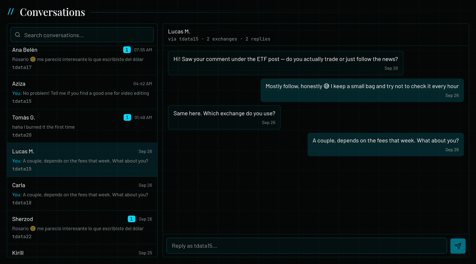 Conversations inbox: a searchable list of chats on the left with unread badges and the answering account, and one conversation open on the right with a “Reply as tdata15…” box at the bottom.