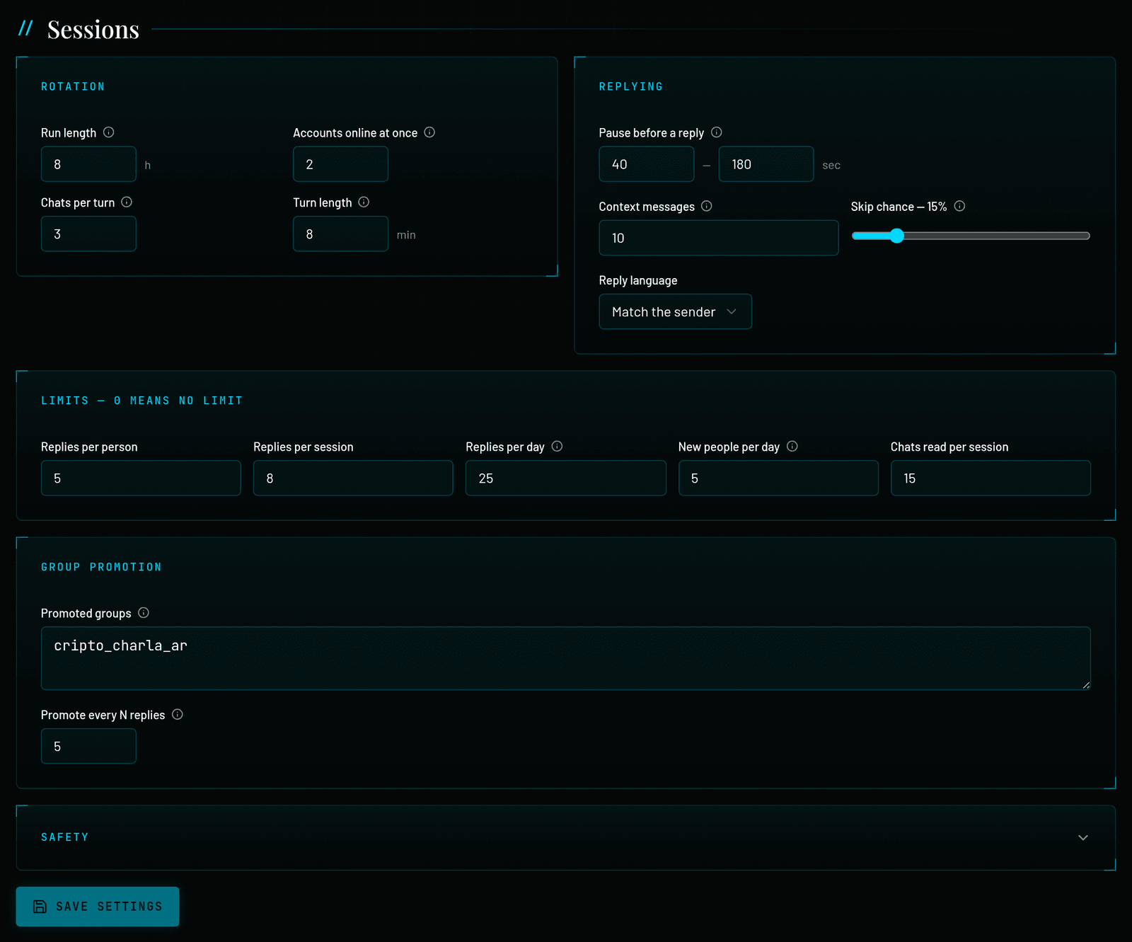 Sessions settings: Rotation (Run length 8 h, Accounts online at once 2, Chats per turn 3, Turn length 8 min), Replying (Pause before a reply 40–180 s, Context messages 10, Skip chance 15%, Reply language Match the sender), Limits (Replies per person 5, Replies per session 8, Replies per day 25, New people per day 5, Chats read per session 15), Group Promotion, a folded Safety group and Save settings.
