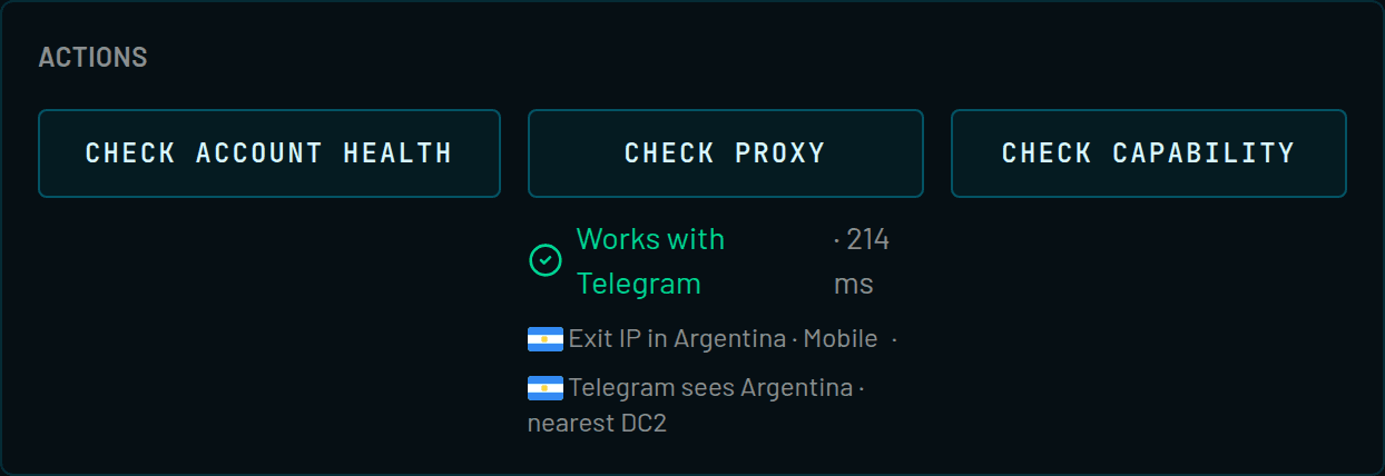 Check proxy result in the account detail: works with Telegram, exit IP country and the country Telegram sees