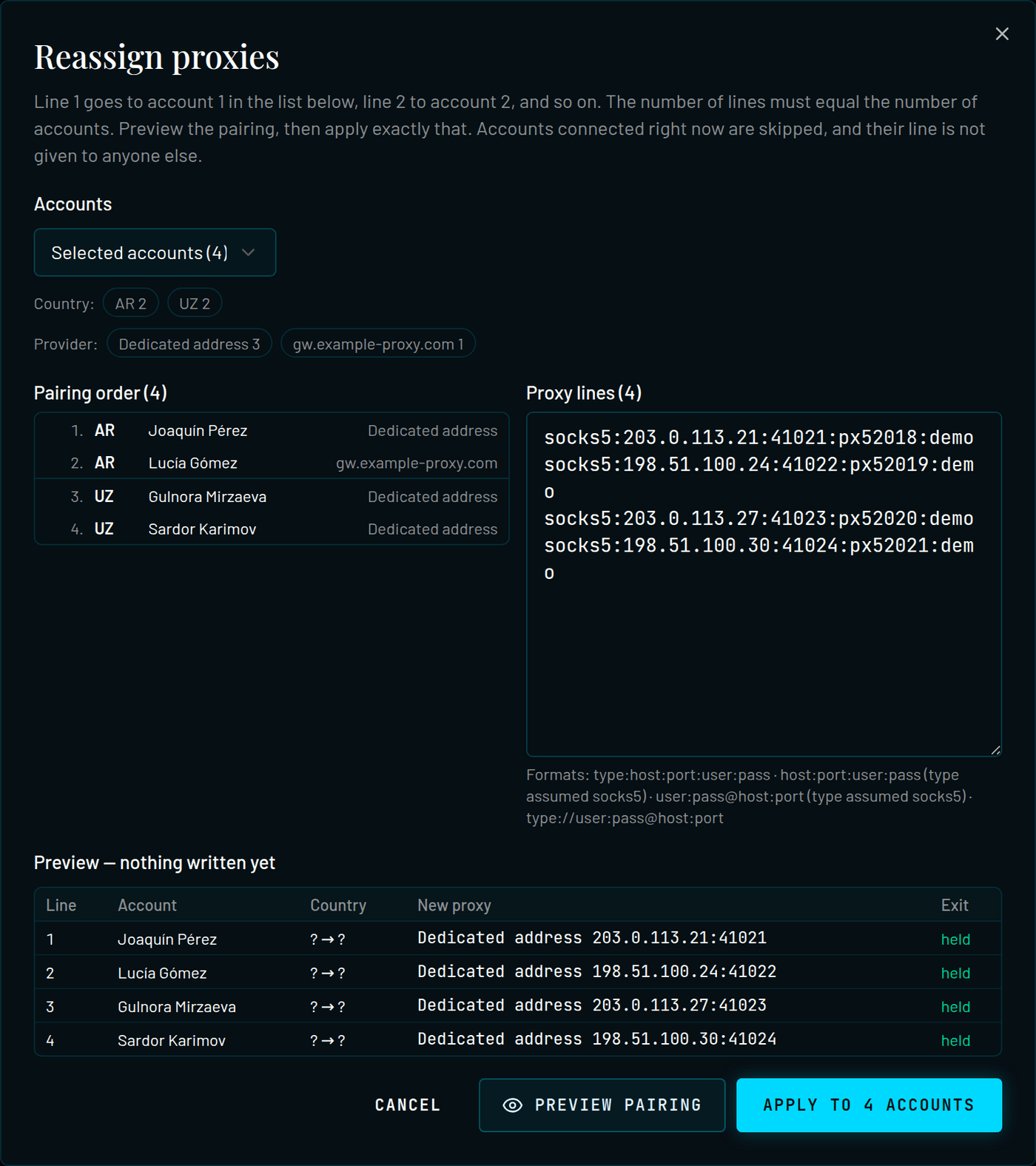 Reassign proxies dialog after Preview pairing: accounts in pairing order, pasted proxy lines and the preview table